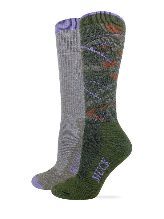 Muck Boot Ladies Merino Wool Blend Knee High Camo Boot Socks 2 Pair Pack