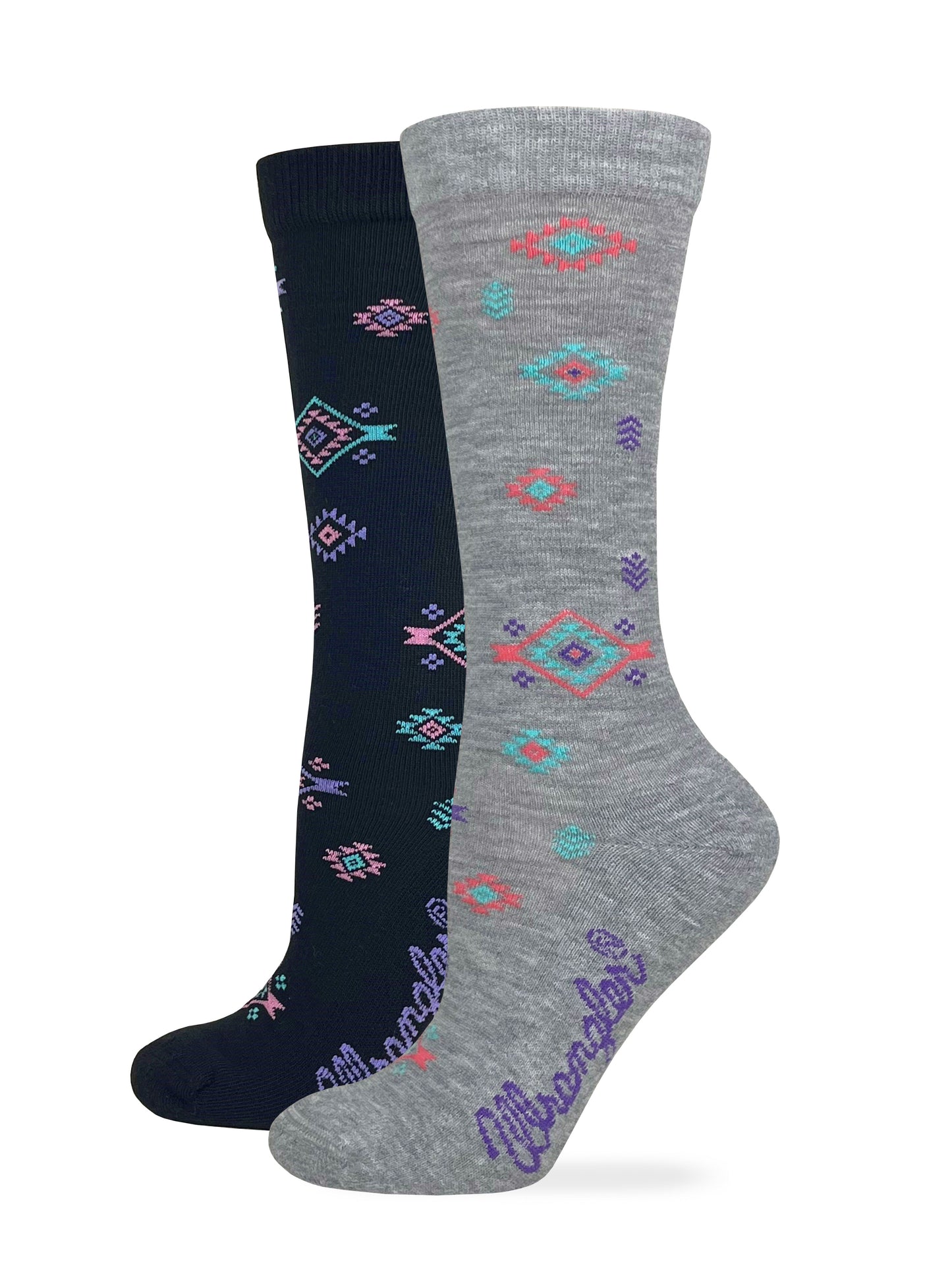 Wrangler Ladies Ultra Dri Cushioned Aztec Steer Head Pattern Crew Socks 2 Pack