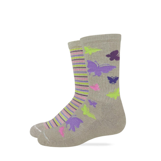 Wise Blend Girls Merino Wool Butterfly Stripe Crew Socks 2 Pack