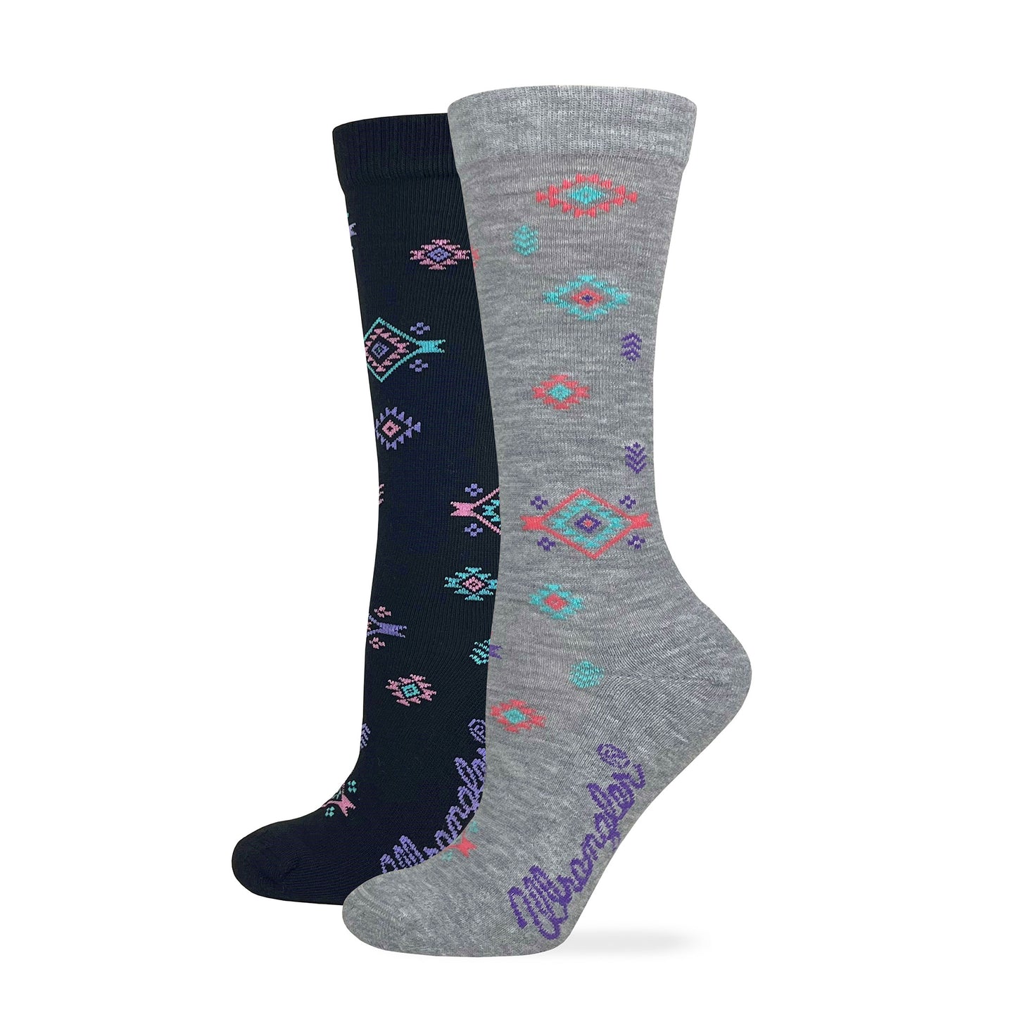 Wrangler Ladies Ultra Dri Cushioned Aztec Steer Head Pattern Crew Socks 2 Pack