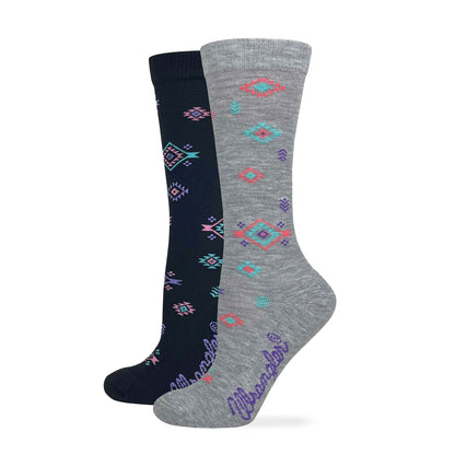 Wrangler Ladies Ultra Dri Cushioned Aztec Steer Head Pattern Crew Socks 2 Pack