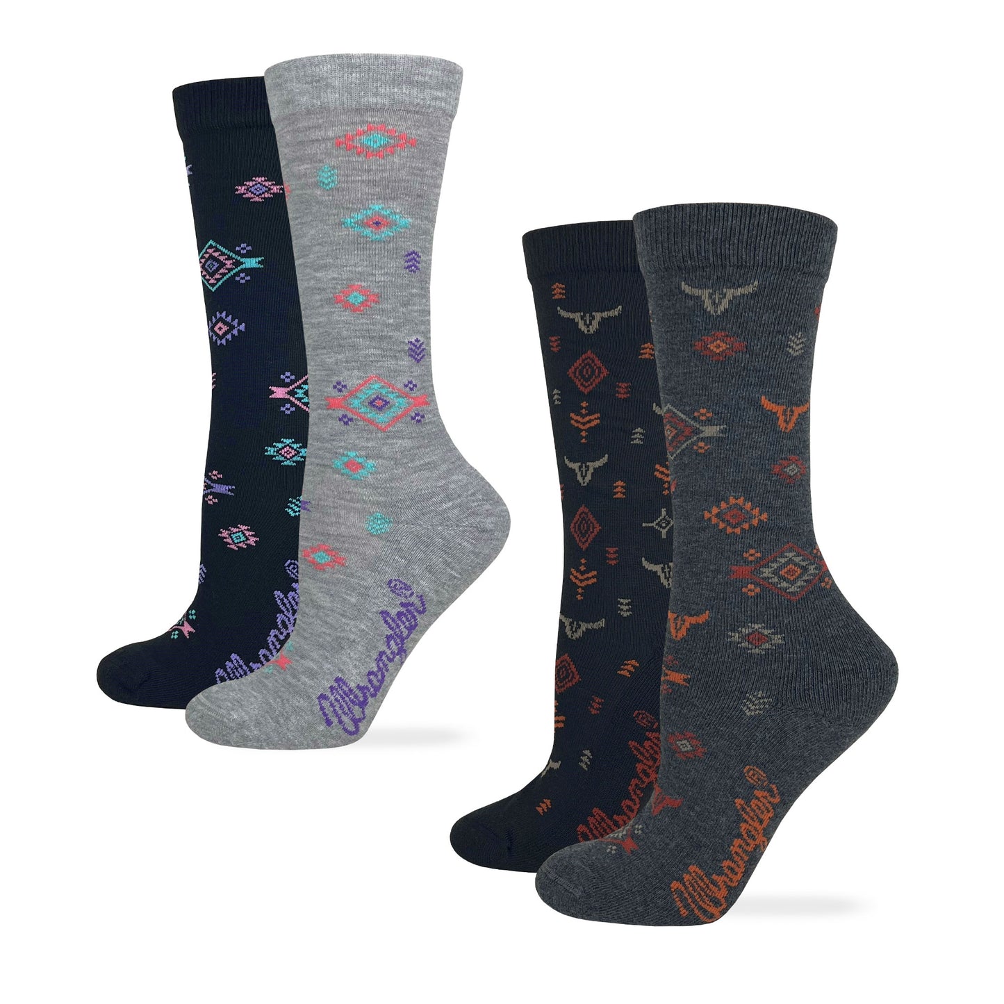Wrangler Ladies Ultra Dri Cushioned Aztec Steer Head Pattern Crew Socks 2 Pack
