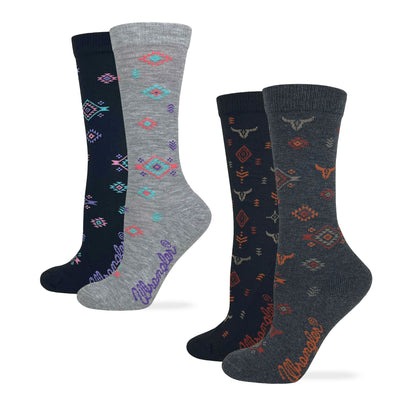 Wrangler Ladies Ultra Dri Cushioned Aztec Steer Head Pattern Crew Socks 2 Pack