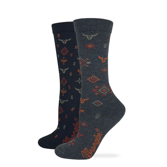 Wrangler Ladies Ultra Dri Cushioned Aztec Steer Head Pattern Crew Socks 2 Pack