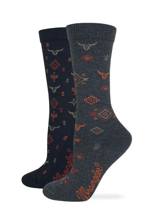 Wrangler Ladies Ultra Dri Cushioned Aztec Steer Head Pattern Crew Socks 2 Pack
