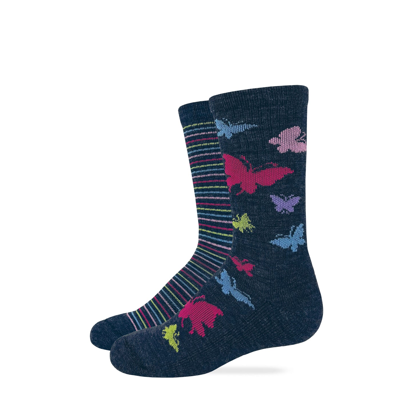 Wise Blend Girls Merino Wool Butterfly Stripe Crew Socks 2 Pack