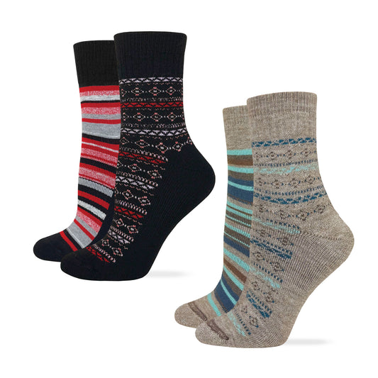 Wise Blend Ladies Merino Wool Fairisle Stripe Micro Crew Socks 2 Pack