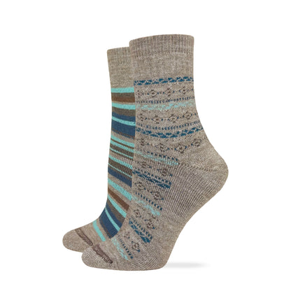 Wise Blend Ladies Merino Wool Fairisle Stripe Micro Crew Socks 2 Pack