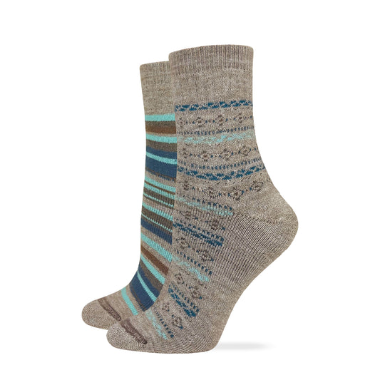 Wise Blend Ladies Merino Wool Fairisle Stripe Micro Crew Socks 2 Pack